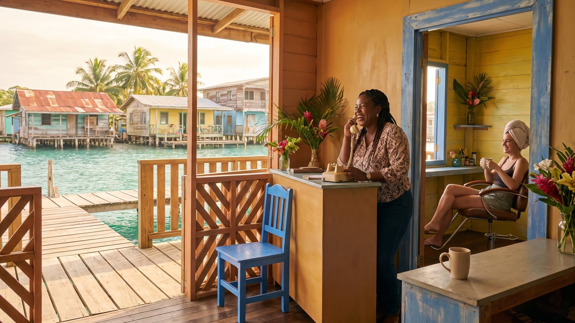 Mujer sonriente habla por teléfono en un salón dentro de una casa caribeña de madera sobre el agua en Bocas del Toro