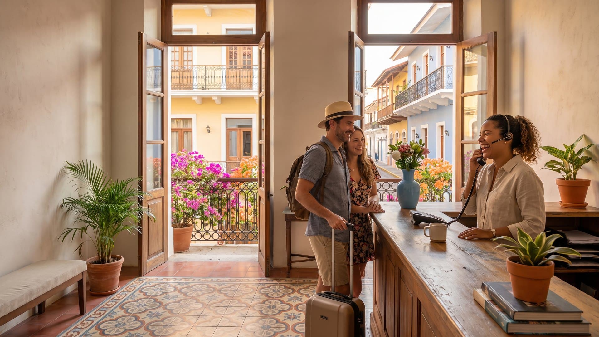 Recepcionista sonriente al teléfono en un hotel boutique del Casco Viejo; una pareja con maleta espera contenta; por las puertas abiertas se ven un balcón de hierro con buganvillas y las casonas coloniales de la calle