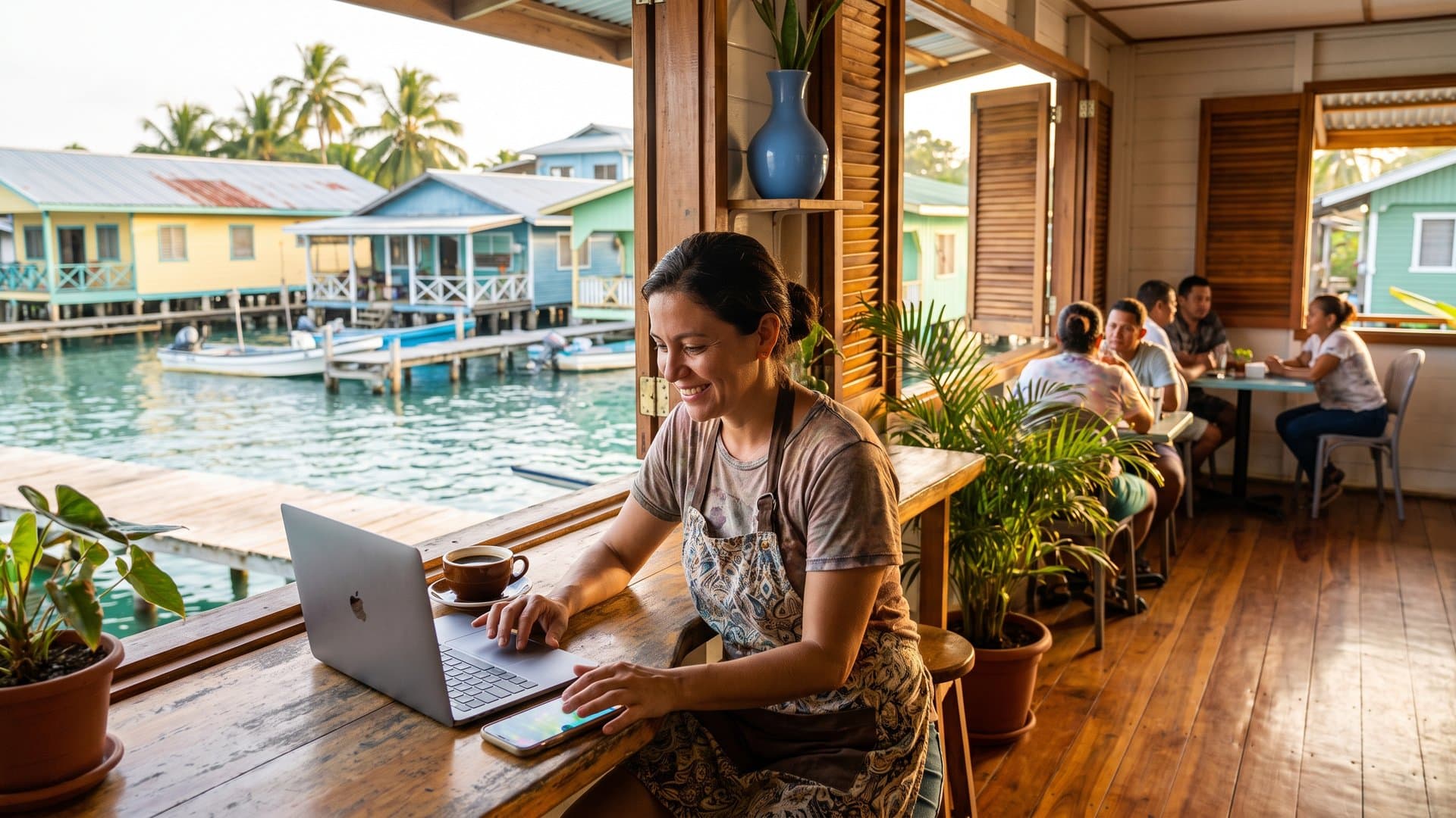 Dueña de una cafetería configura todo en su laptop mientras el teléfono se ilumina en el mostrador