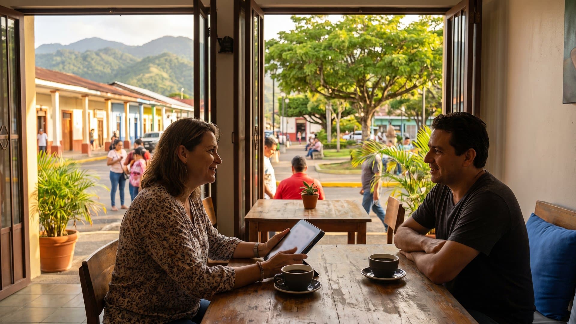Emprendedora compara dos opciones en una tablet en una cafetería