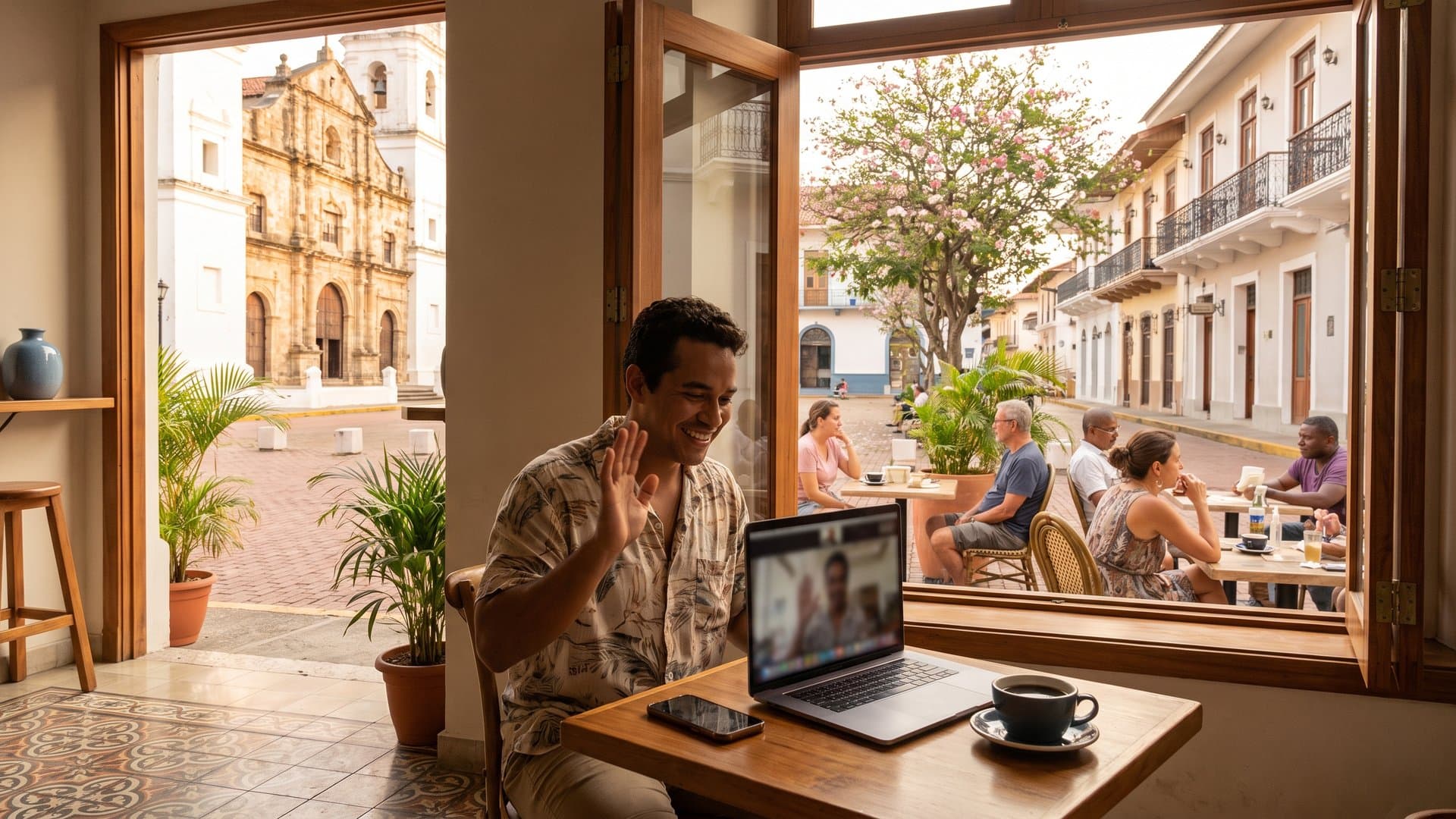 Mesa junto a la ventana con laptop, teléfono y una taza de café