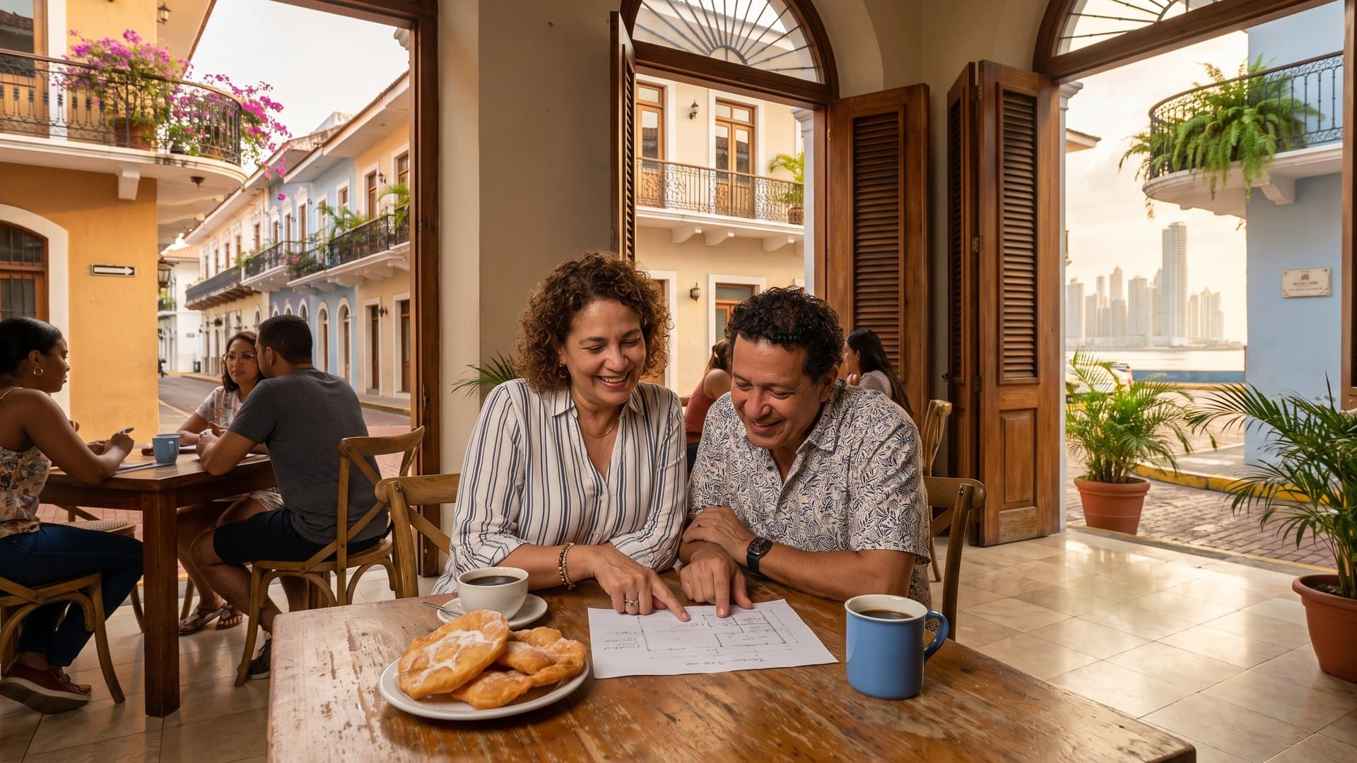 Pareja que tiene una pequeña panadería revisa un plan sencillo con un café