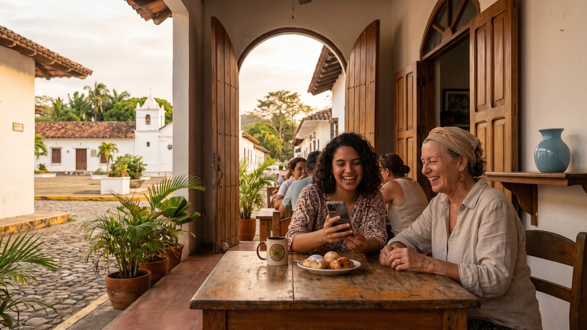 Dos amigas emprendedoras conversan con un café en la terraza de una cafetería