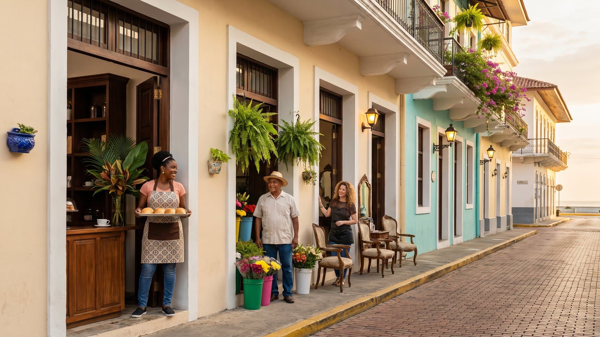 Calle de pequeños comercios a la hora dorada, los dueños conversan en sus puertas