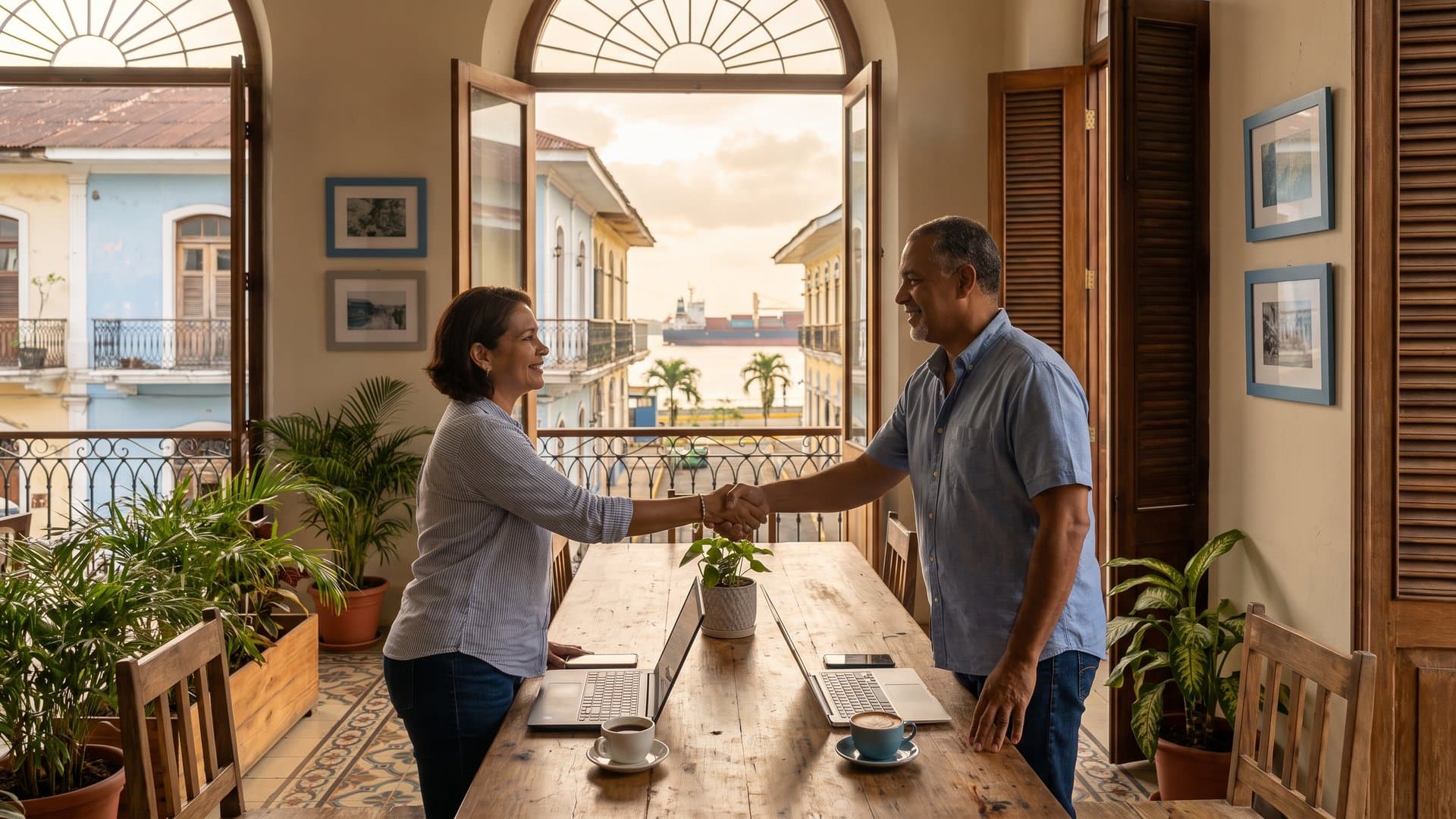 Dos pequeños empresarios se dan la mano en un coworking luminoso